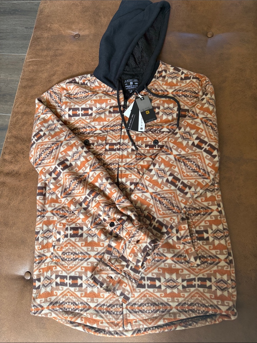 Men's Zip-Up Hooded Fleece Jacket in Rust Aztec